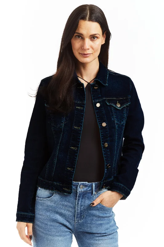 Loretta Basic Denim Jacket In Dark Indigo Appliqued Jacket Beaded Jacket Sequined Jacket Loretta Basic Denim Jacket In Dark Indigo Appliqued Jacket Beaded Jacket Sequined Jacket