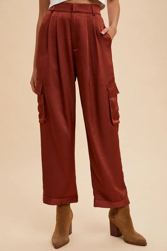 Hazel Blues® |  Annie Wear Wide Leg Cargo Satin Pants Stretch Fit Pants