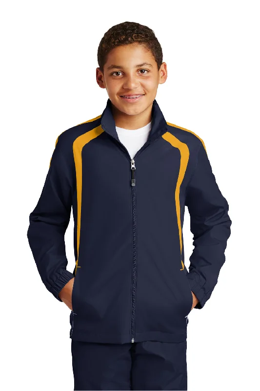 Sport-Tek Youth Water Resistant Full Zip Jacket - True Navy Blue/Gold Print Jacket Jacquard Jacket Embroidered Jacket Sport-Tek Youth Water Resistant Full Zip Jacket - True Navy Blue/Gold Print Jacket Jacquard Jacket Embroidered Jacket