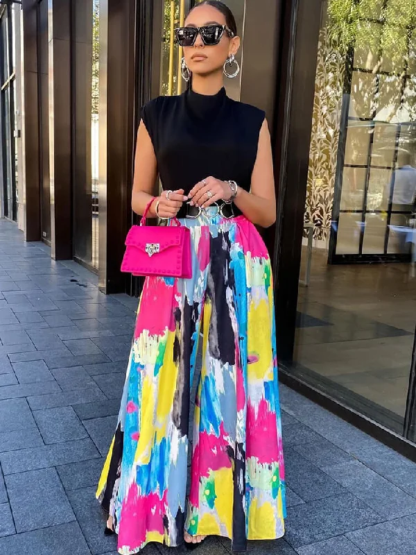 High Waist Graffiti Print Wide Leg Pants Relaxed Fit Trousers