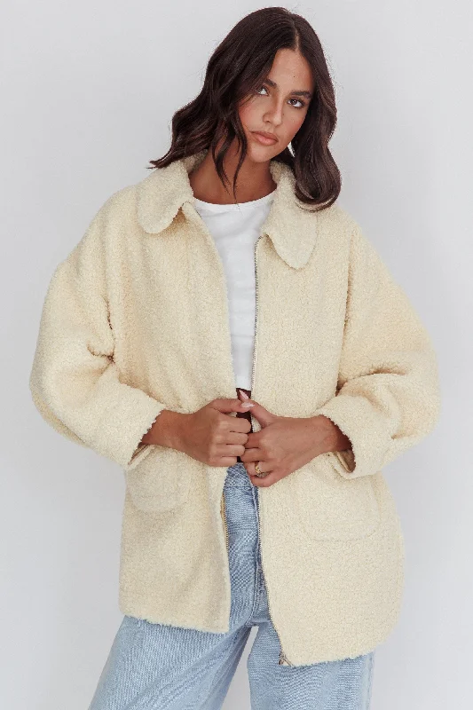 Peace & Serene Collared Sherpa Jacket Yellow Welt Pockets Slit Pockets Flap Pockets