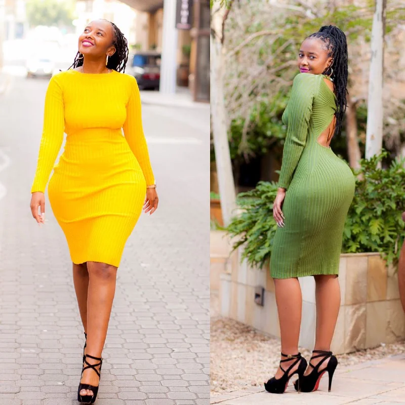 Sweater Long Sleeve Backless Dress Seamless Knitted Crochet
