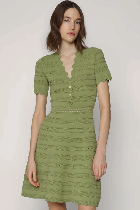 Wavy V Neck Half Button Short Sleeve Summer Sweater Mini Dress - Green Embroidered Appliqued Beaded