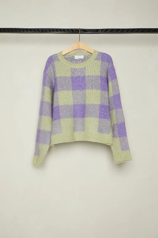 CROPPED CHECK PRINT SWEATER Casual Formal Business