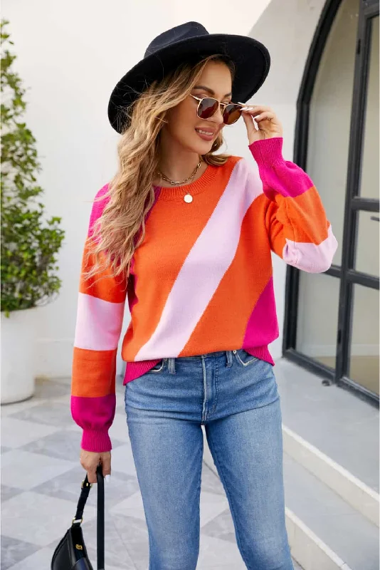 Lyric Color Block Ribbed Round Neck Sweater Slim Fit Regular Fit Oversized