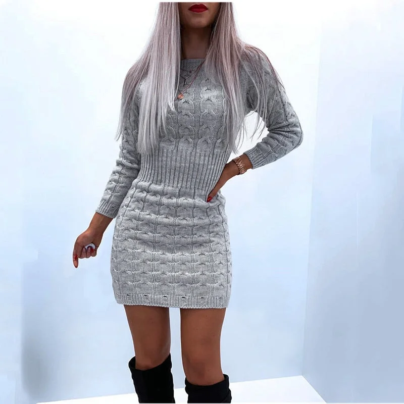 Solid Twist Temperament Waist Sweater Dress Casual Formal Business
