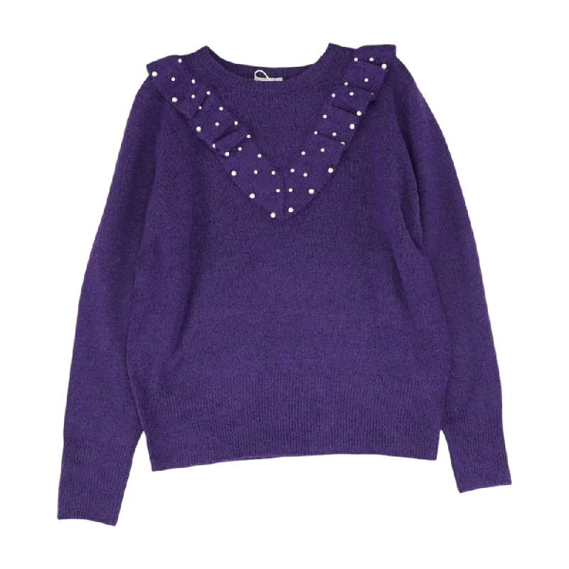Purple Solid Crewneck Sweater Solid Color Striped Floral Print