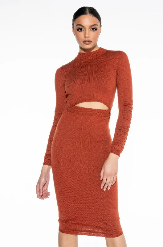 ALL THE RIGHT PLACES RUCHED BACK SWEATER DRESS rust Terry Blend Velvet Blend Canvas Blend ALL THE RIGHT PLACES RUCHED BACK SWEATER DRESS rust Terry Blend Velvet Blend Canvas Blend