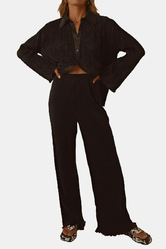 Hazel Blues® |  Textured Button Up Collared Neck Top and Pants Set Fashionable Jogger Pants