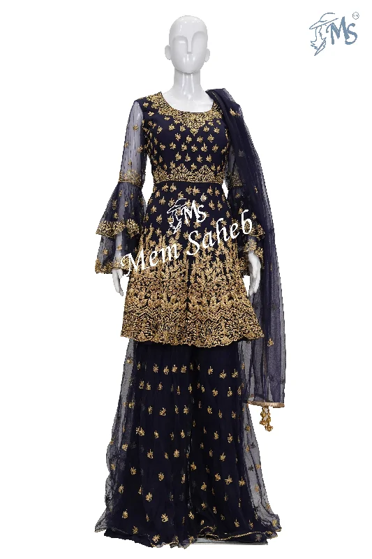 Indo Western Indigo Blue Assymetrical Frock Top with Gharara Pant Relaxed Linen Pants Indo Western Indigo Blue Assymetrical Frock Top with Gharara Pant Relaxed Linen Pants