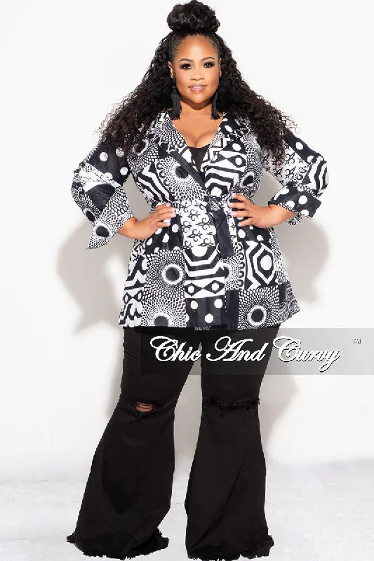 Final Sale Plus Size Blazer Jacket with Belt in Black and White Design Print Nylon Fabric Polyester Fabric Spandex Fabric Final Sale Plus Size Blazer Jacket with Belt in Black and White Design Print Nylon Fabric Polyester Fabric Spandex Fabric
