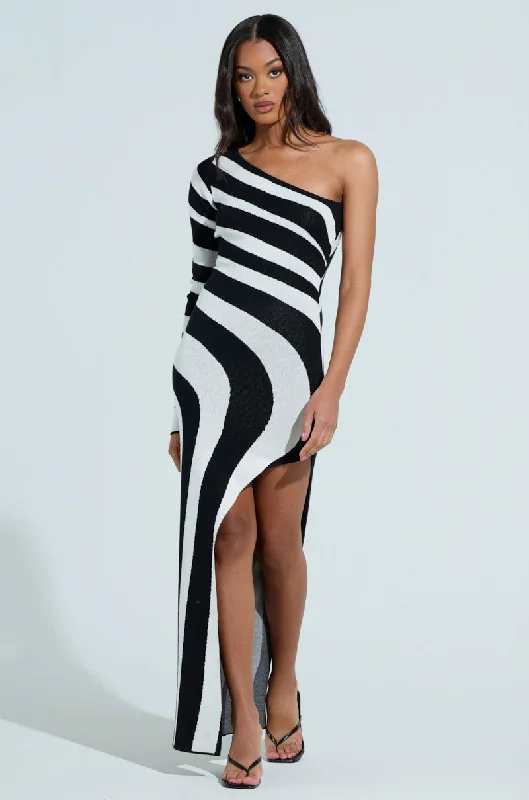 STRIPED SINGLE SLEEVE SWEATER DRESS Fitted Loose Oversized