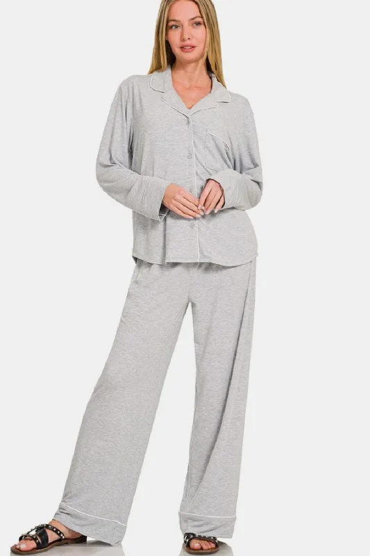 Hazel Blues® | Zenana Button Down Long Sleeve Top and Pants Lounge Set Relaxed Fit Trousers Hazel Blues® | Zenana Button Down Long Sleeve Top and Pants Lounge Set Relaxed Fit Trousers