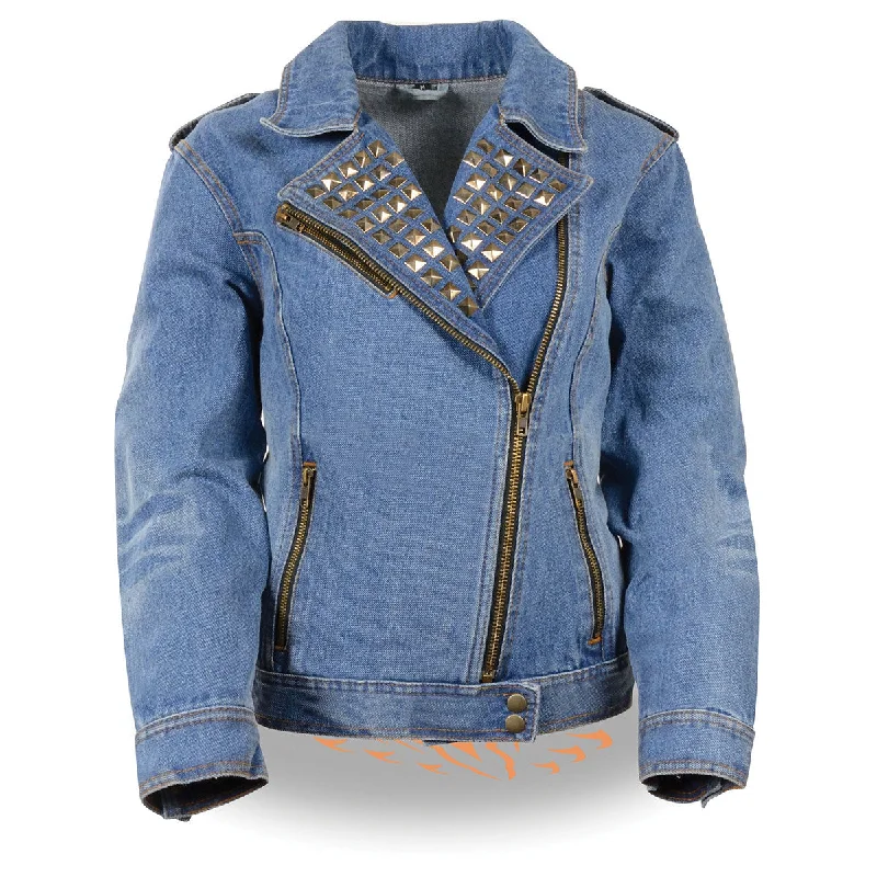 Milwaukee Leather MDL2000 Women's Blue Denim Jacket with Studded Spikes Nylon Fabric Polyester Fabric Spandex Fabric Milwaukee Leather MDL2000 Women's Blue Denim Jacket with Studded Spikes Nylon Fabric Polyester Fabric Spandex Fabric