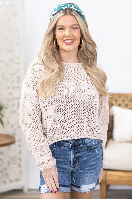 Beige Flower Pattern Crochet Sweater Top Handmade Hand-knitted Hand-woven