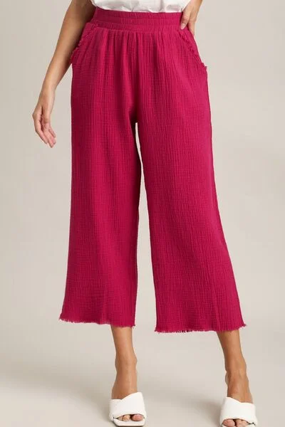 Hazel Blues® | Umgee Raw Hem Elastic Waist Wide Leg Pants Classic Cropped Pants