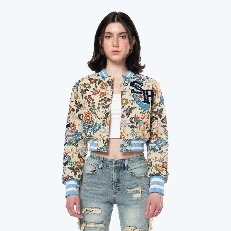 Cropped Tapestry Varsity Jacket - Botanic Knit Fabric Woven Fabric Fleece Fabric