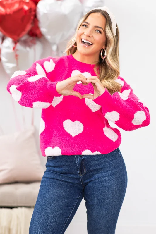 Hot Pink Heart Drop Shoulder Sweater Nylon Fabric Polyester Fabric Spandex Fabric