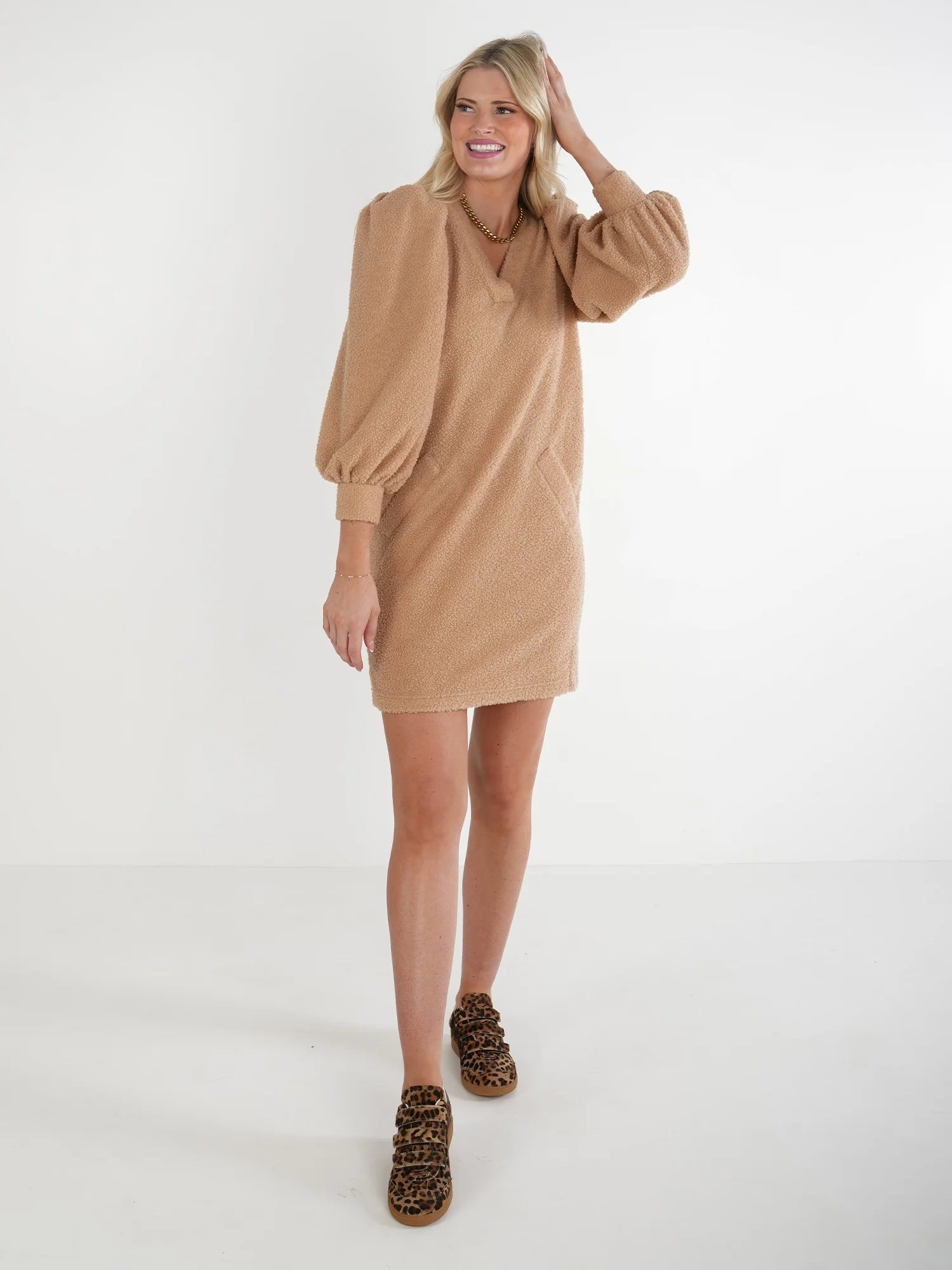 Julia Sweater Dress - Teddy Faux Fur Fabric Real Fur Fabric Shearling Fabric