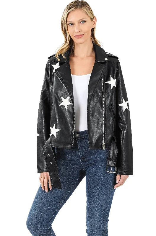 Pu Faux Vegan Leather Star Patch Moto Biker Belted Jacket (PJ-15027) Elasticated Jacket Padded Jacket Insulated Jacket Pu Faux Vegan Leather Star Patch Moto Biker Belted Jacket (PJ-15027) Elasticated Jacket Padded Jacket Insulated Jacket
