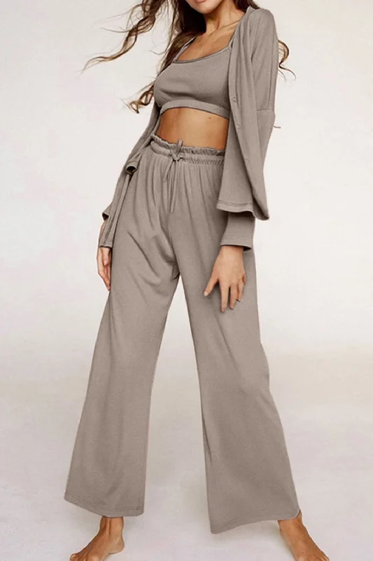 Hazel Blues® | Spaghetti Strap Bra, Open Front Cardigan and Drawstring Pants Set Comfortable Denim Trousers Hazel Blues® | Spaghetti Strap Bra, Open Front Cardigan and Drawstring Pants Set Comfortable Denim Trousers