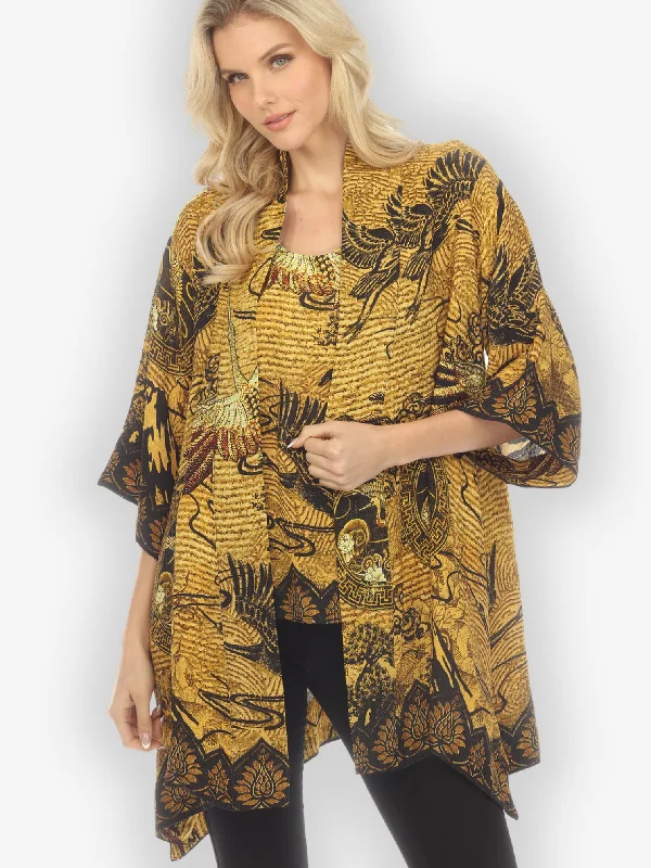 Elegant Crane Design Silk Kimono Jacket Zippered Front Buttoned Front Snap Front
