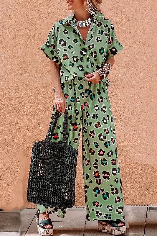 Hazel Blues® |  Leopard Collared Neck Top and Pants Set Sleek Black Pants