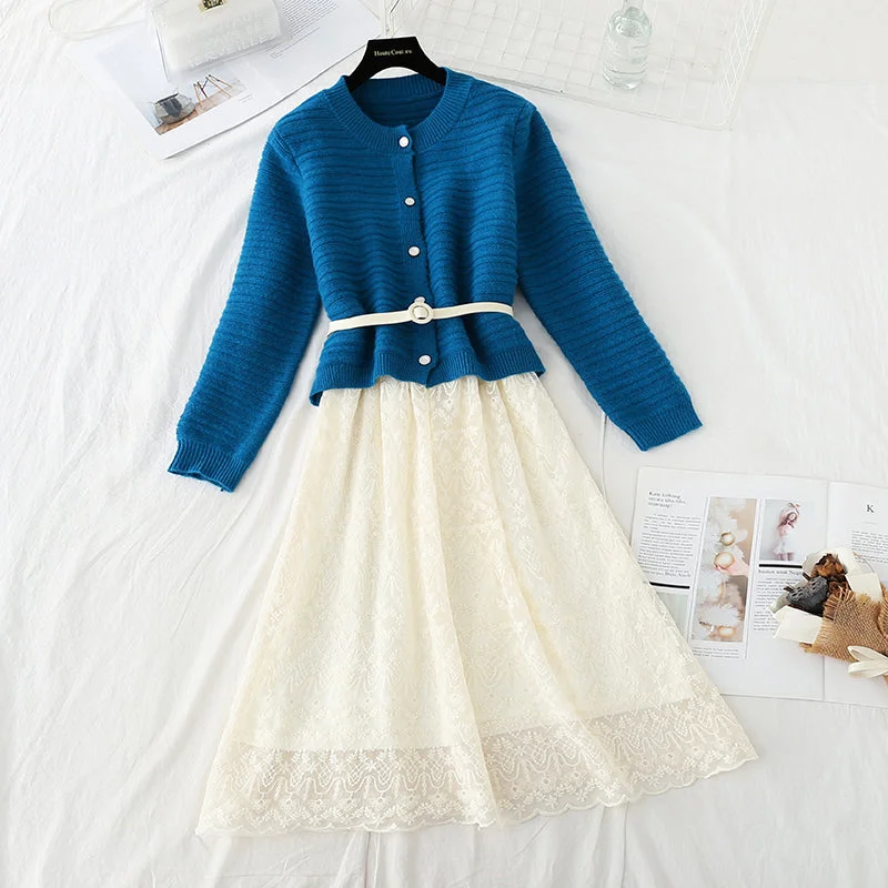 Sweater with lace skirt age reduction suit fashion two-piece suit  3735 Zippered Buttoned Snapped