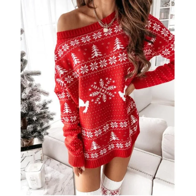 Christmas Snowflake Fawn Print Sweater Dress Mesh Blend Leather Blend Suede Blend