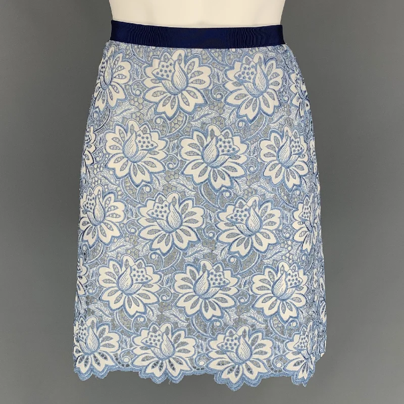 SACAI LUCK Size 2 Blue & White Floral Lace Cotton A-line Skirt corduroy skirt cozy
