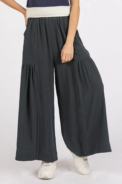 Hazel Blues® |  Mittoshop Gauze Elastic Waist Pleated Wide Leg Pants Trendy Tapered Pants