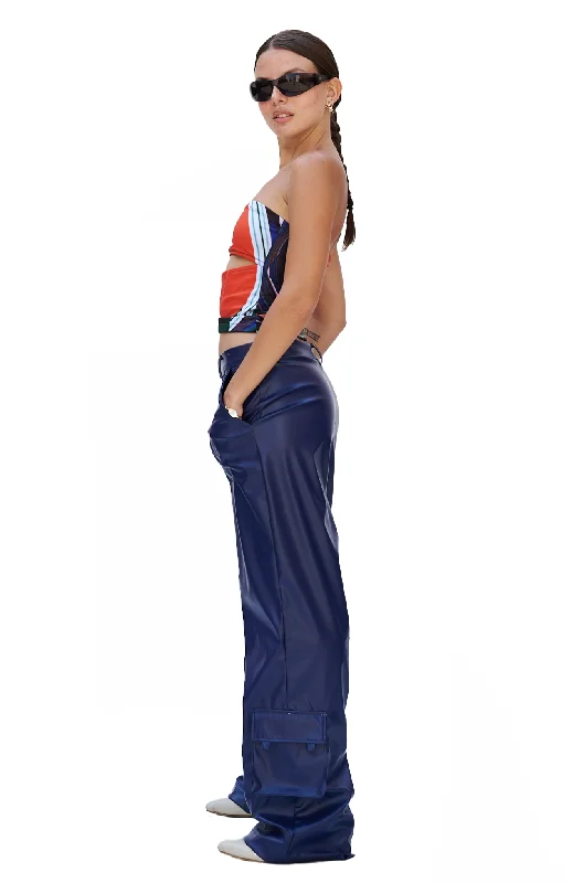 BLUE FAUX LEATHER CARGO PANTS Comfortable Cargo Pants