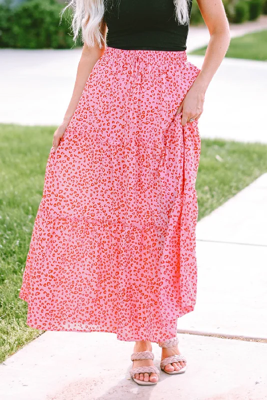 Pink Leopard Print Frilled Drawstring High Waist Maxi Skirt maxi skirt elegant