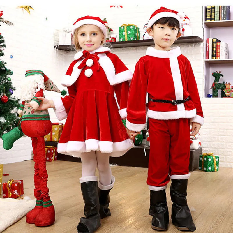 Child Christmas Dress Santa Claus Costume Baby X-Mas Clothing Outfit Set Dress/Pants Tops Hat Cloak Belt For Boys Girls Kids Classic Pleated Pants