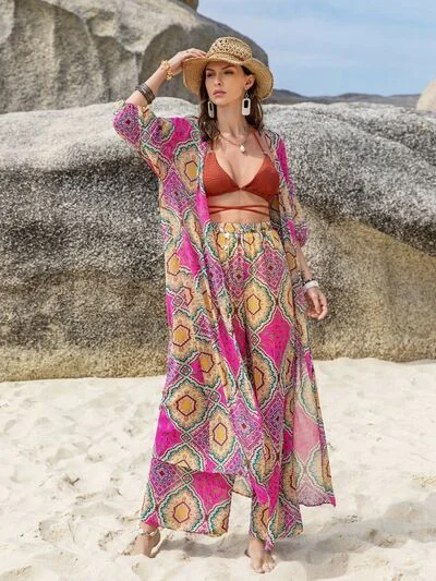 Printed Open Front Cardigan and Pants Set Formal Dress Pants