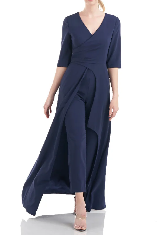 Kay Unger V-Neck 3/4 Sleeve Solid Zipper Back Full-length skirt with walk-through front cutout Crepe silk skirt lustrous