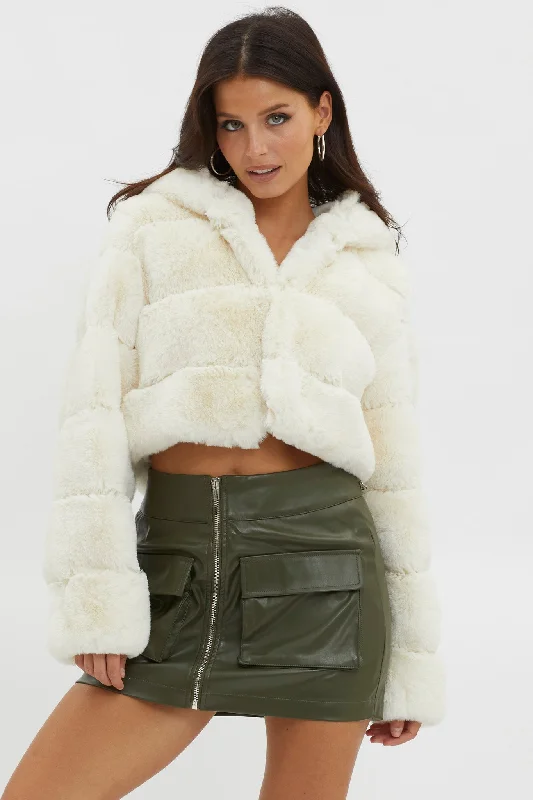 Polina Hooded Faux Fur Jacket Ivory Knit Jacket Woven Jacket Fleece Jacket