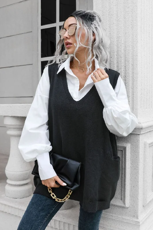 Valencia V-Neck Sleeveless Sweater Vest with Pocket Cashmere Blend Cotton Blend Poly Blend