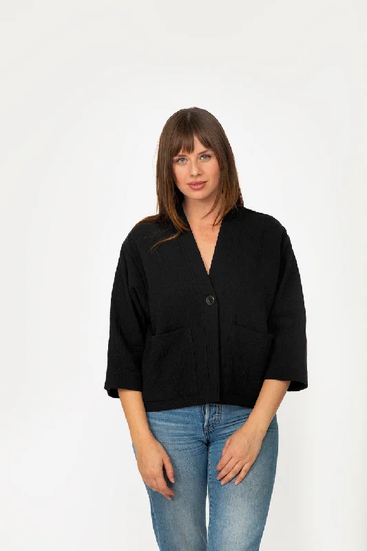 Crop 3/4 Sleeve Jacket - Black Print Jacket Jacquard Jacket Patchwork Jacket