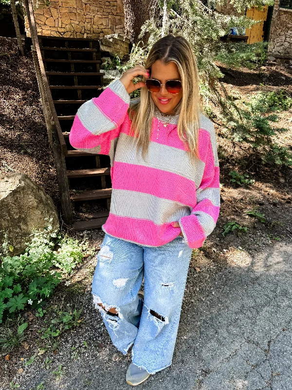 Kadie Pink & Gray Stripe Knit Sweater by Blakeley Collared Crew Neck Turtle Neck