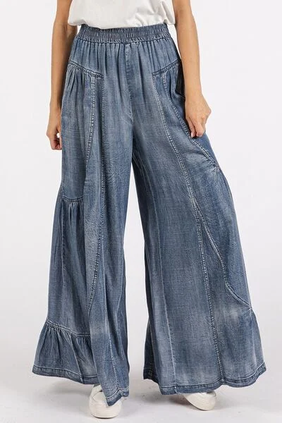 Hazel Blues® | Mittoshop Washed Chambray Tier Detail Wide Leg Pants Fashionable Sporty Pants Hazel Blues® | Mittoshop Washed Chambray Tier Detail Wide Leg Pants Fashionable Sporty Pants