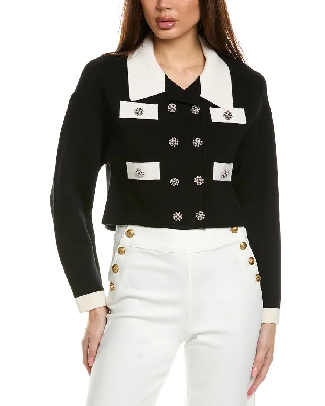 alice + olivia Verdell Wool-Blend Sweater Jacket Turtle Neck Boat Neck Asymmetrical Neck