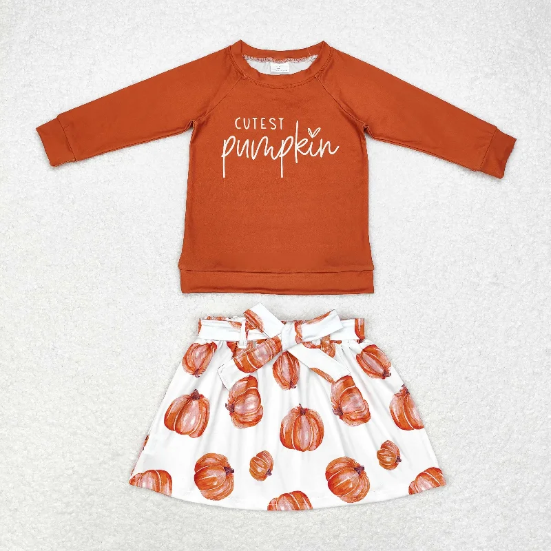 rts no moq GLD0686 cutest pumpkin long-sleeved pumpkin skirt set button skirt front