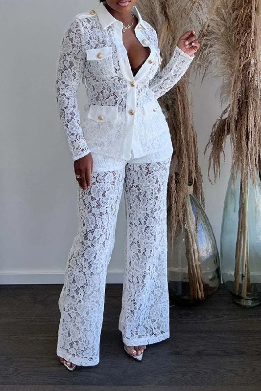 Lace Classic Single Breasted See-Through Pant Suit Cozy Lounge Pants