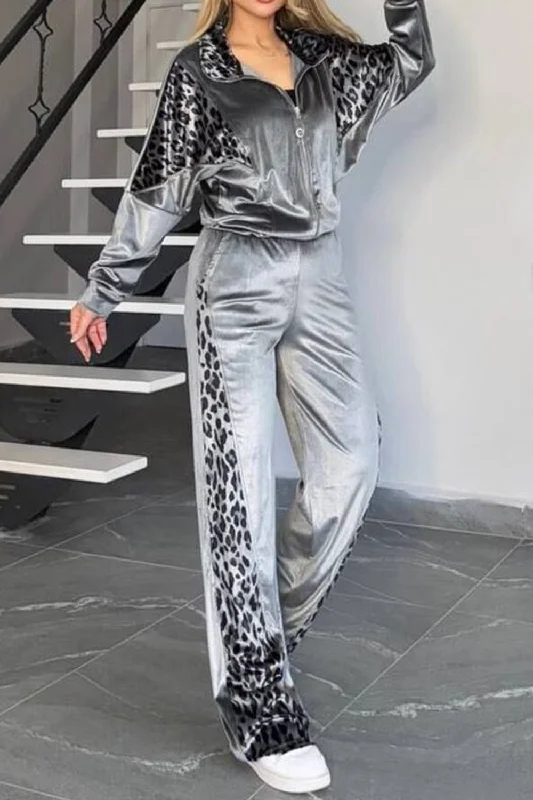 Hazel Blues® | Collared Neck Leopard Zip Up Top and Pants Set Fashionable Button-Up Pants