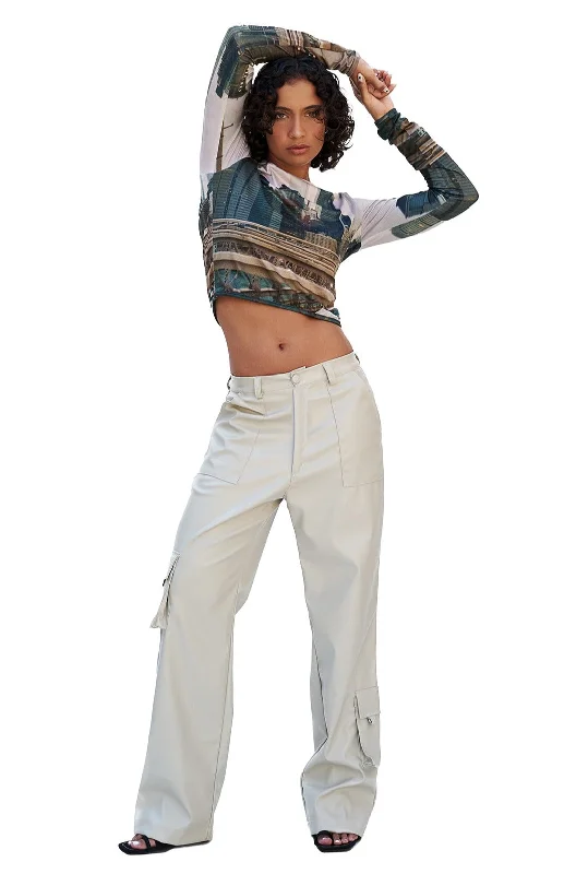 ECRU FAUX LEATHER CARGO PANTS Lightweight Linen Pants