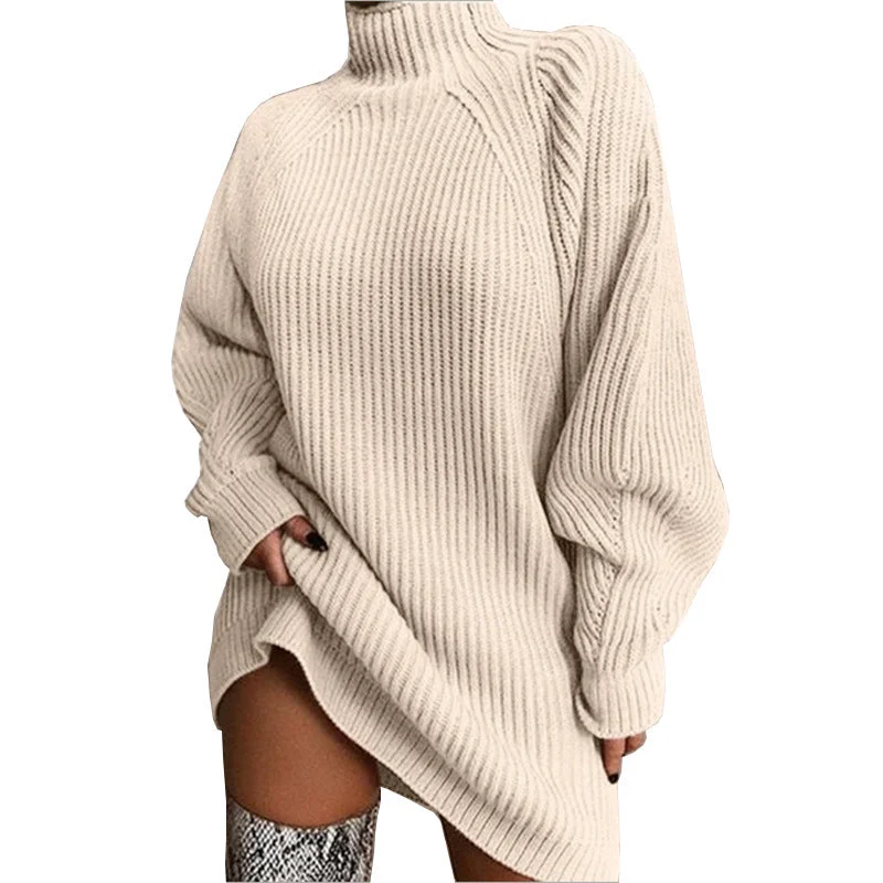 Solid Color Turtleneck Sweater Knitted Mini Dress Fitted Slim Tailored