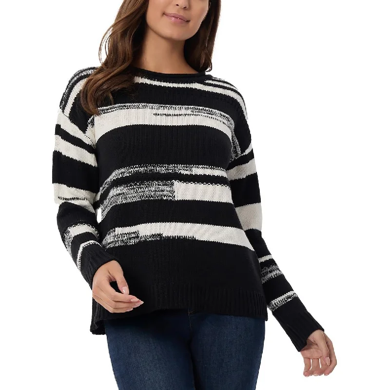 Jones New York Womens Colorblock Knit Crewneck Sweater Mesh Sweater Canvas Denim