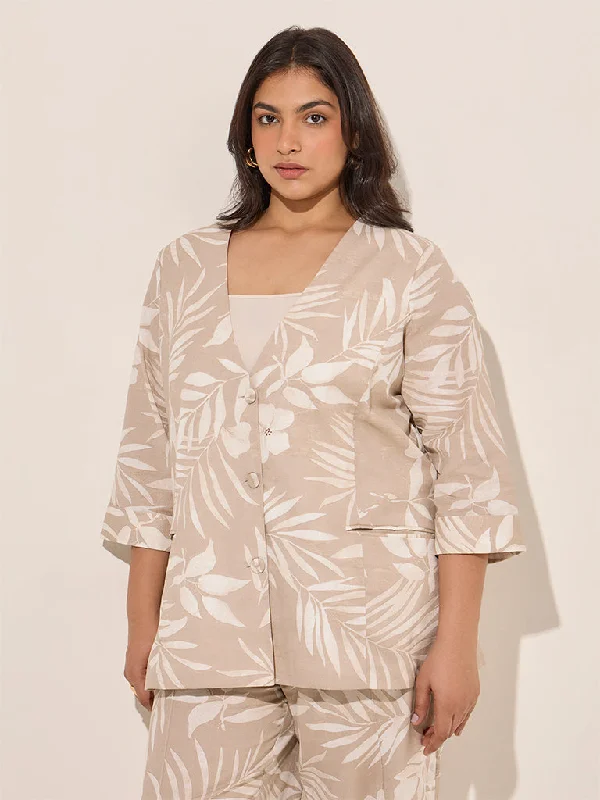 Gia Beige Botanical Print Cotton-Blend Jacket Boat Neck Shawl Collar Notched Collar