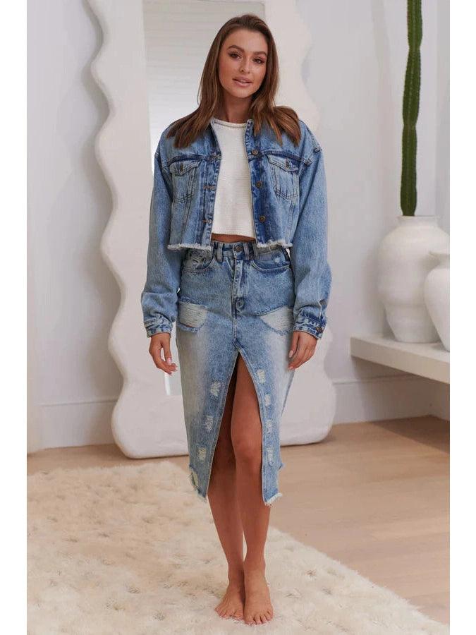 JAASE Moss Ripped Denim Midi Skirt spandex blend skirt
